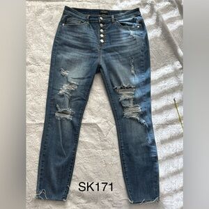 Judy Blue Skinny Distressed Denim Jeans - Button Fly - Raw Hem